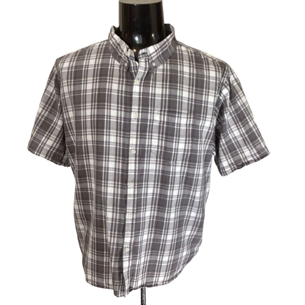 Smiths Workwear Men’s Sz 2 XL Gray Plaid Check S/S Cotton Camp Button Up Shirt